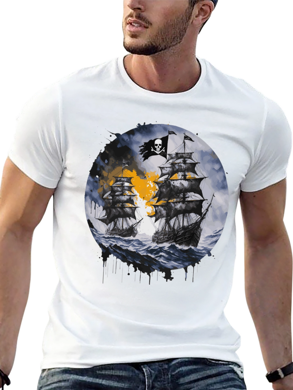 Pirate Ship Graphic T-Shirt - Black Cotton Tee