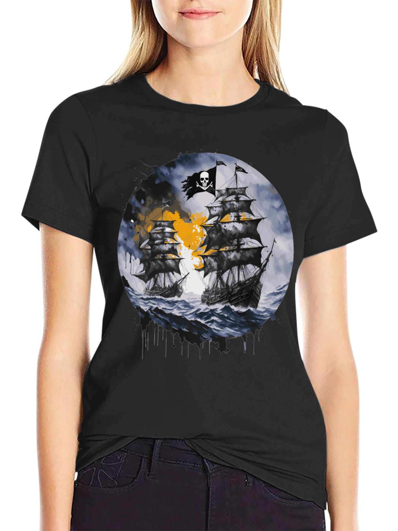 Pirate Ship Graphic T-Shirt - Black Cotton Tee
