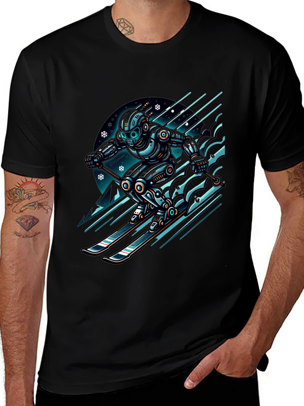 Robot Skier Graphic Tee - Black Cotton T-Shirt
