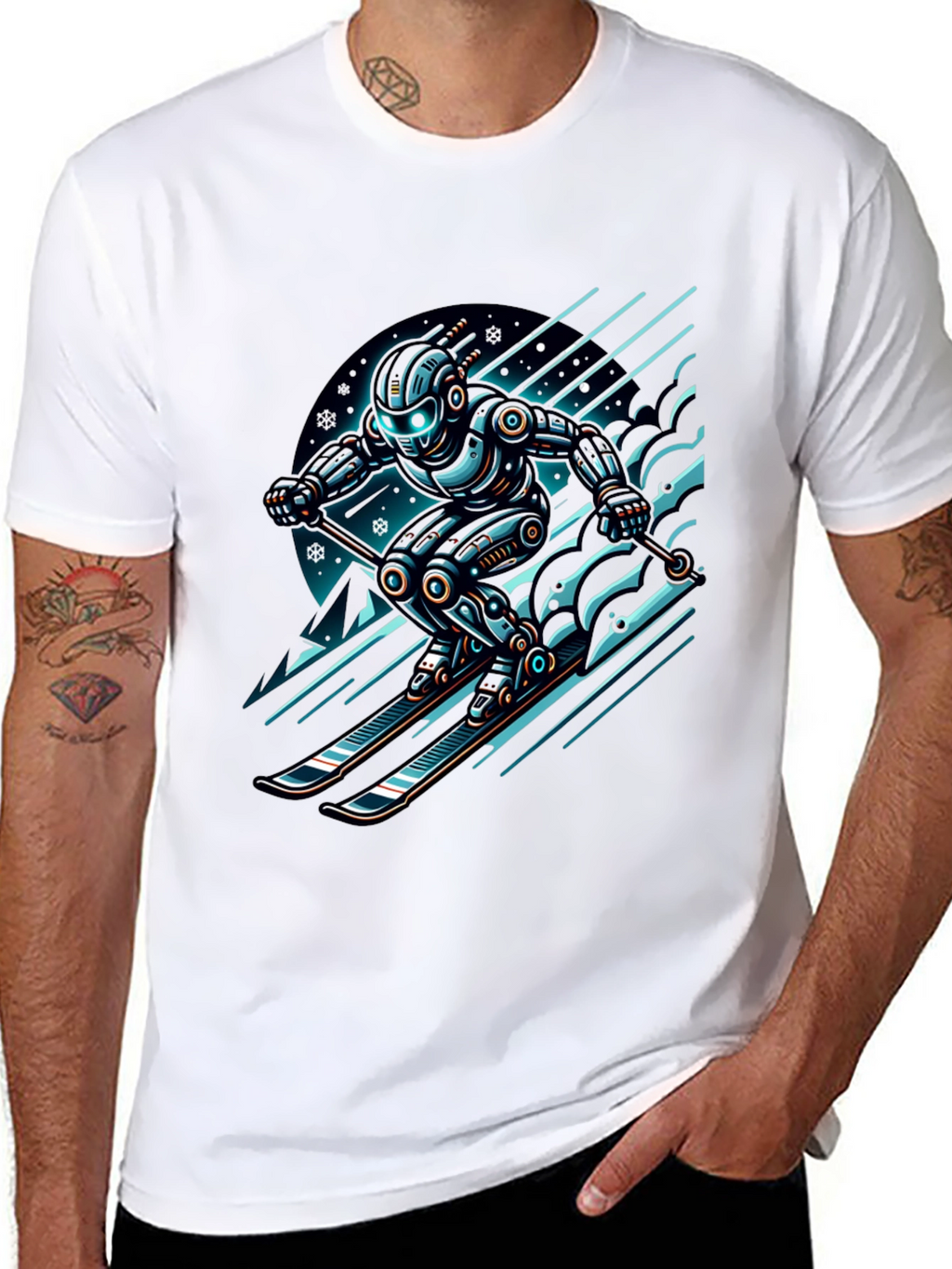 Robot Skier Graphic Tee - Black Cotton T-Shirt
