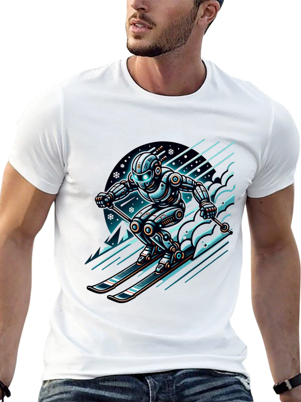 Robot Skier Graphic Tee - Black Cotton T-Shirt