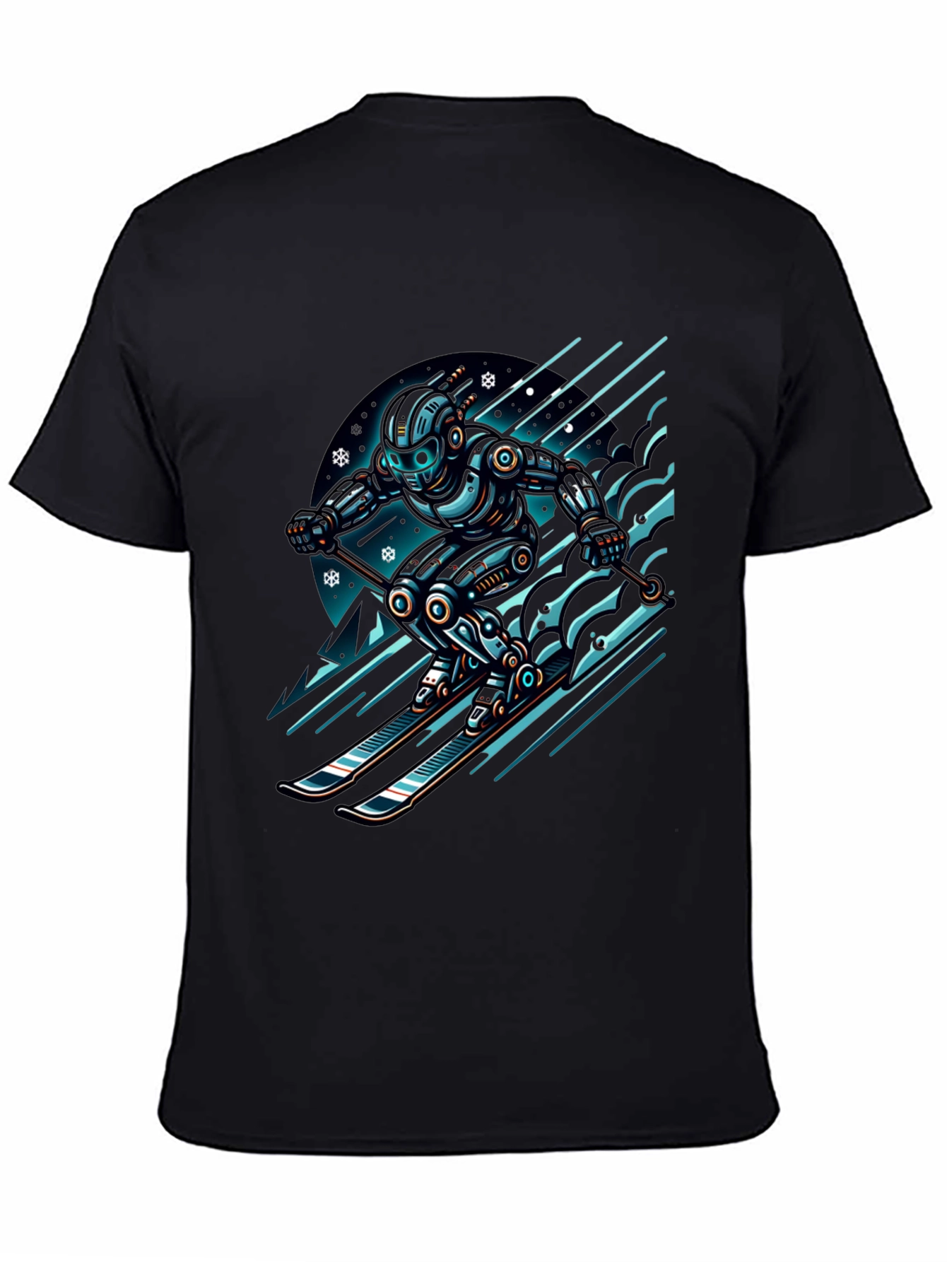 Robot Skier Graphic Tee - Black Cotton T-Shirt