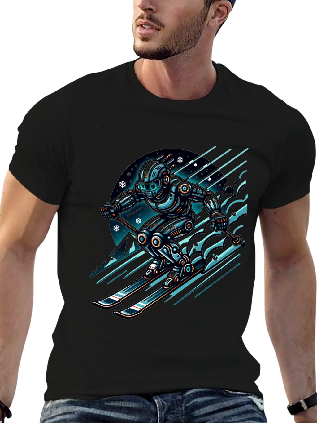 Robot Skier Graphic Tee - Black Cotton T-Shirt