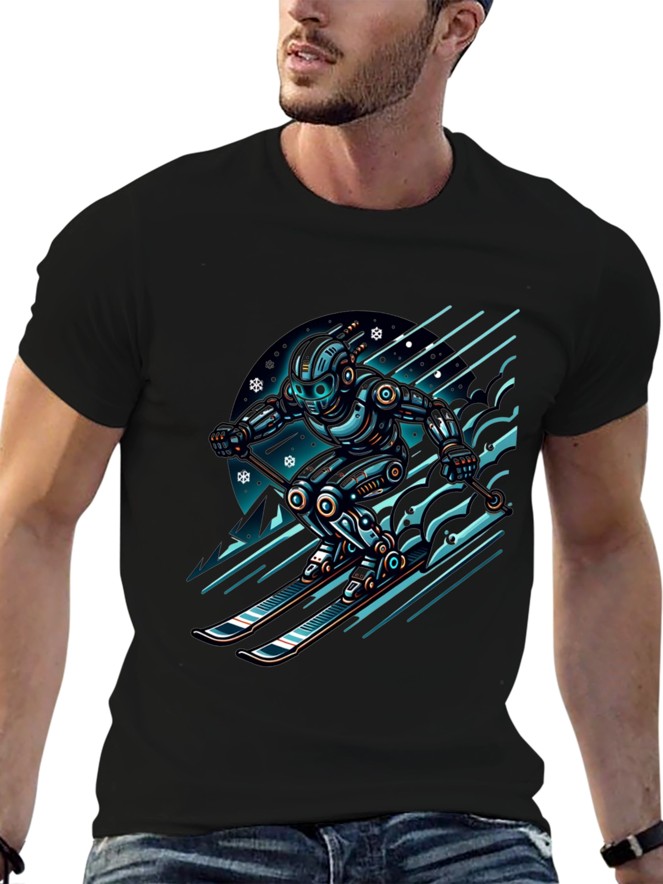 Robot Skier Graphic Tee - Black Cotton T-Shirt