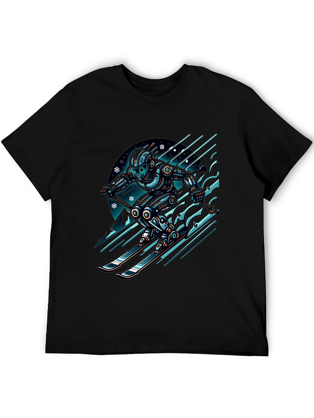Robot Skier Graphic Tee - Black Cotton T-Shirt