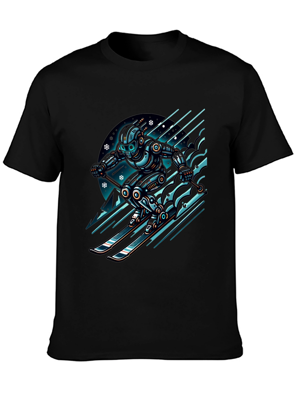 Robot Skier Graphic Tee - Black Cotton T-Shirt
