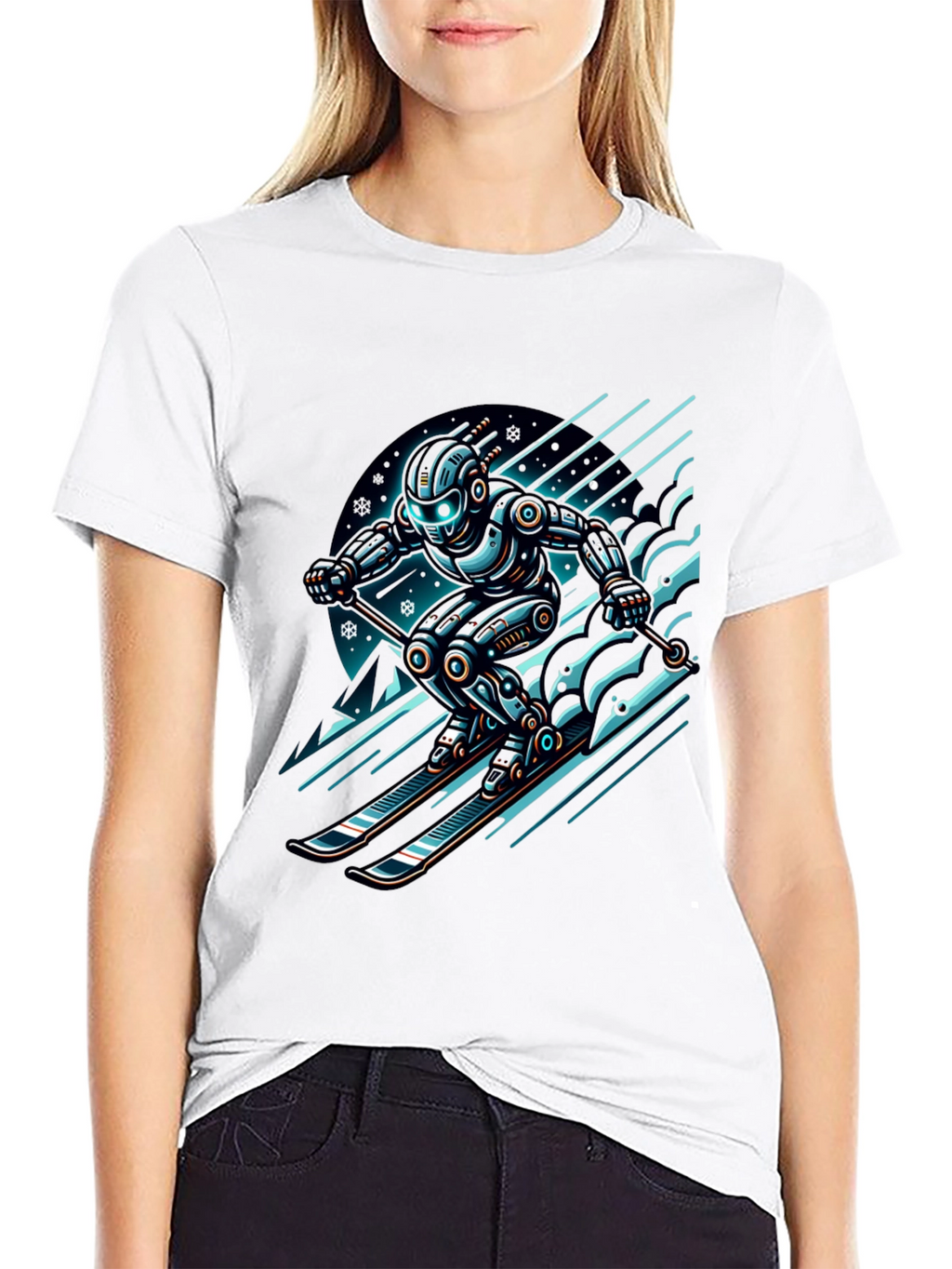 Robot Skier Graphic Tee - Black Cotton T-Shirt