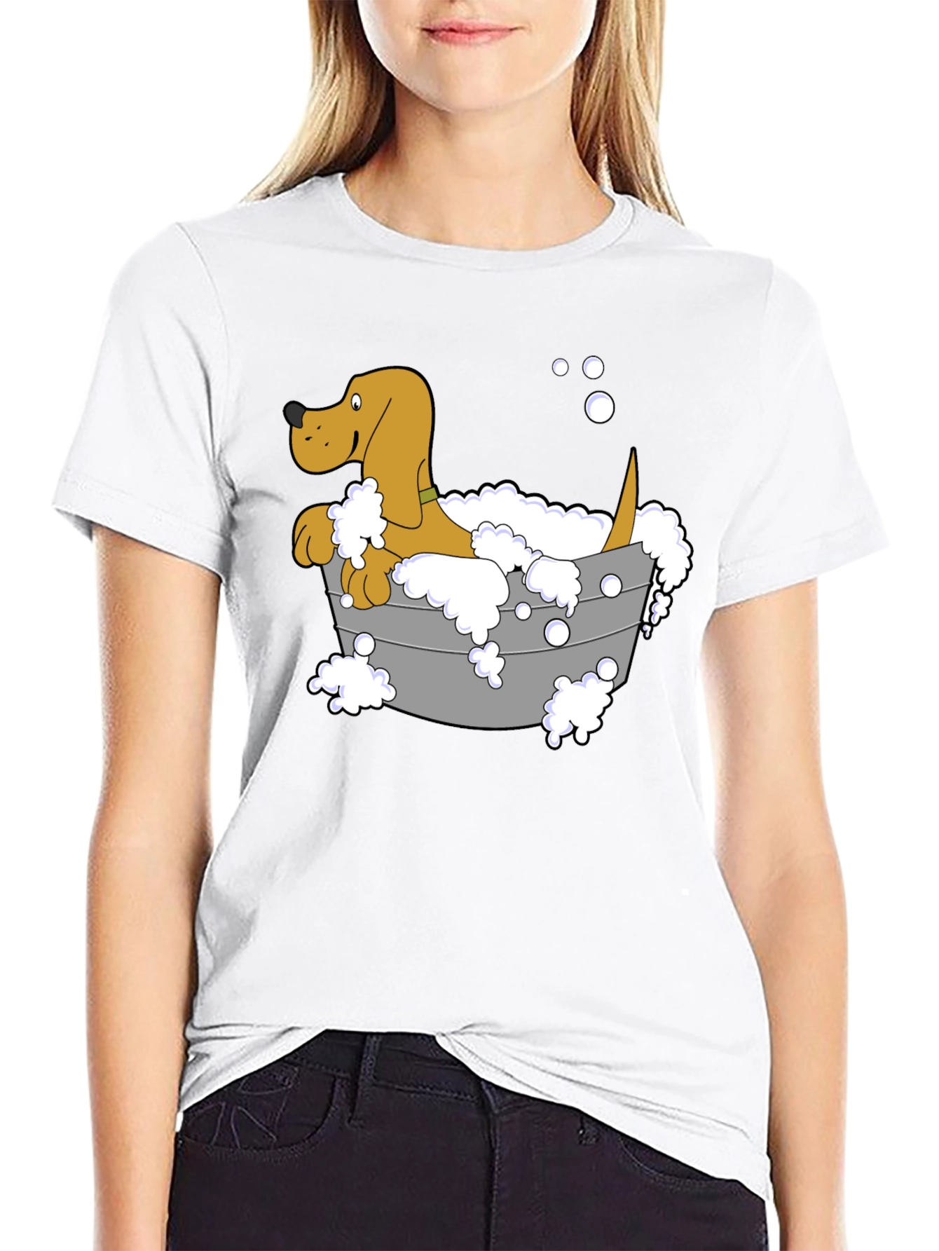 Cartoon Dog in Tub Graphic T-Shirt