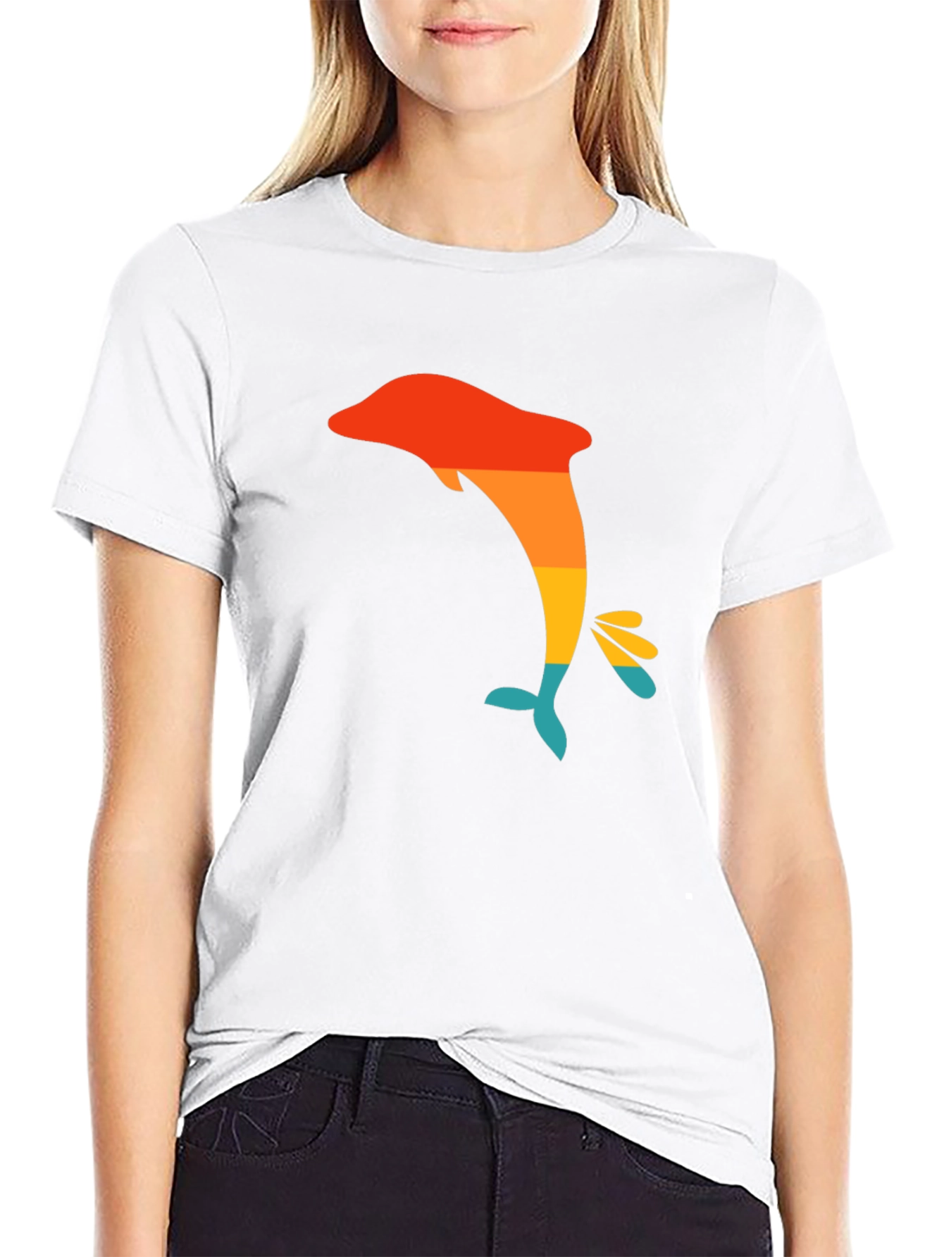 Retro Dolphin Graphic Tee - Black Casual T-Shirt