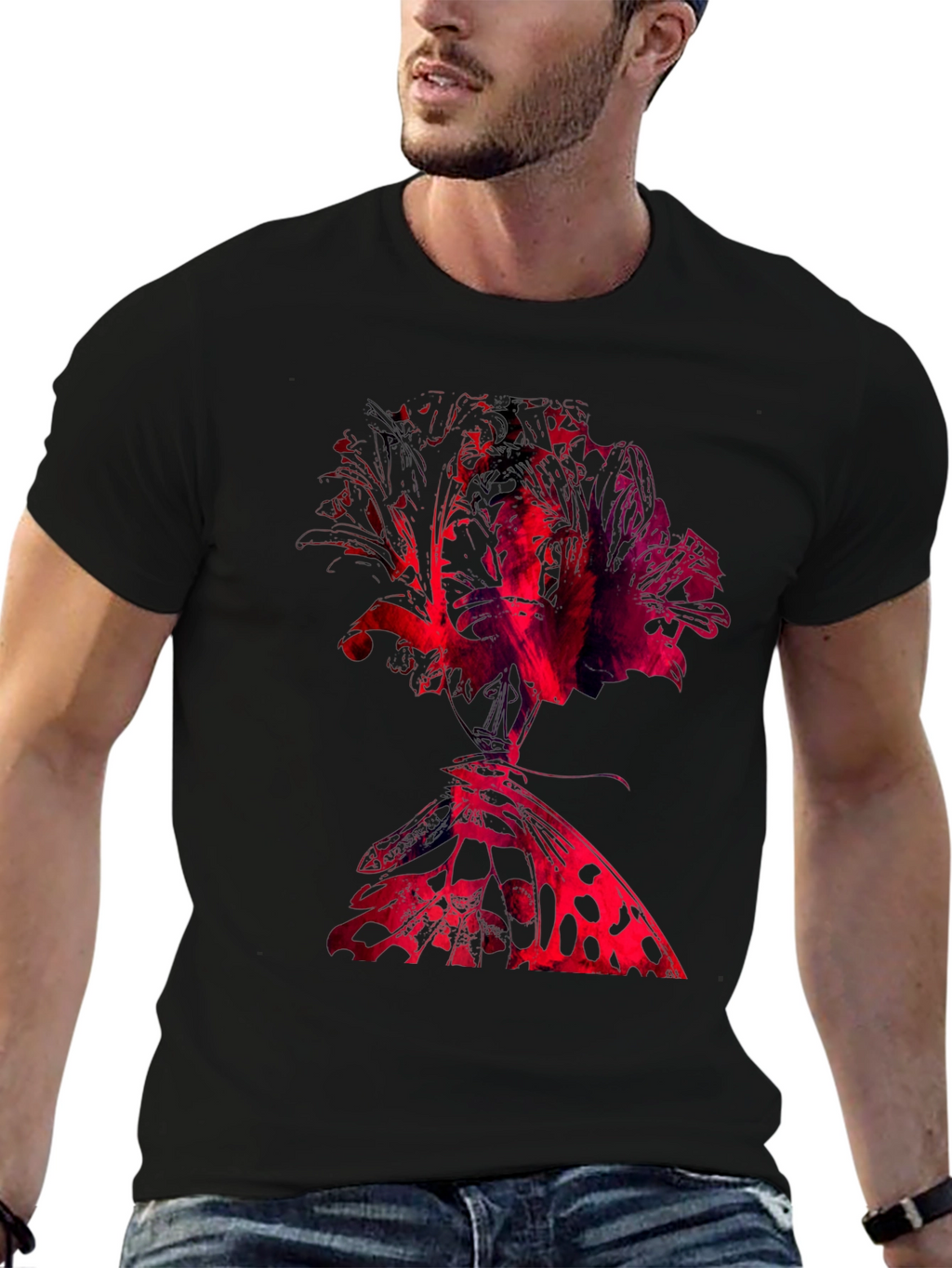 Abstract Rose & Butterfly Black Graphic Tee