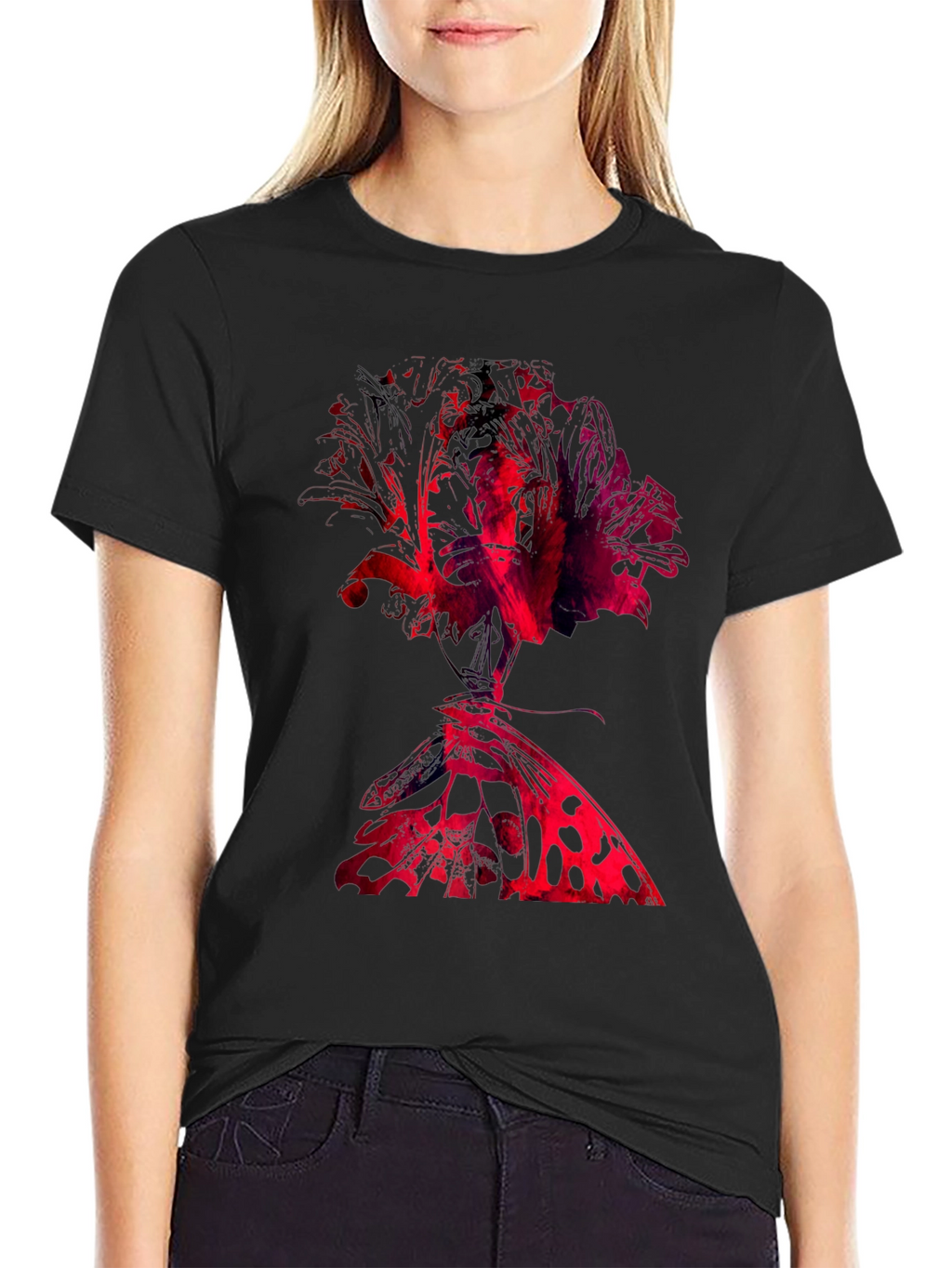 Abstract Rose & Butterfly Black Graphic Tee
