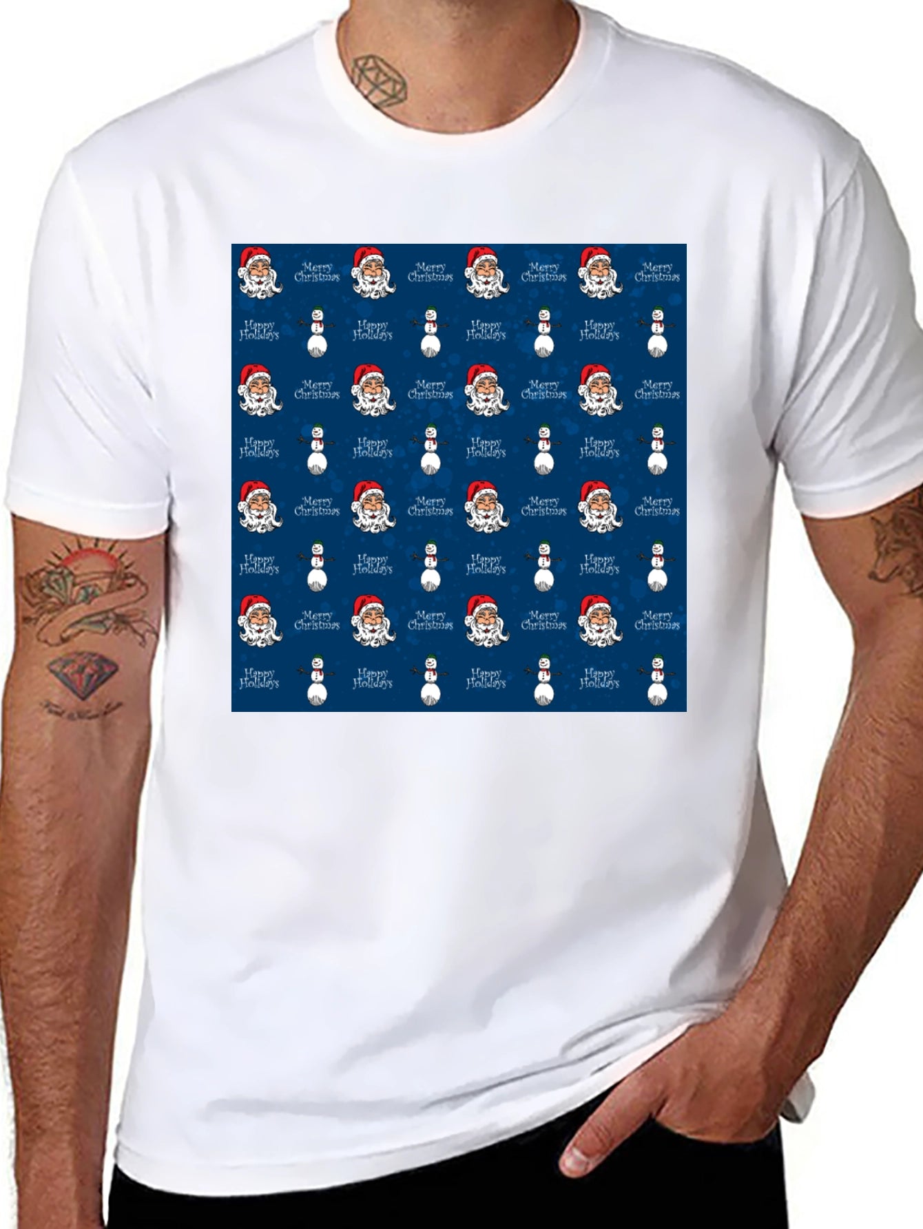Novelty Christmas Santa & Snowman Print T-Shirt