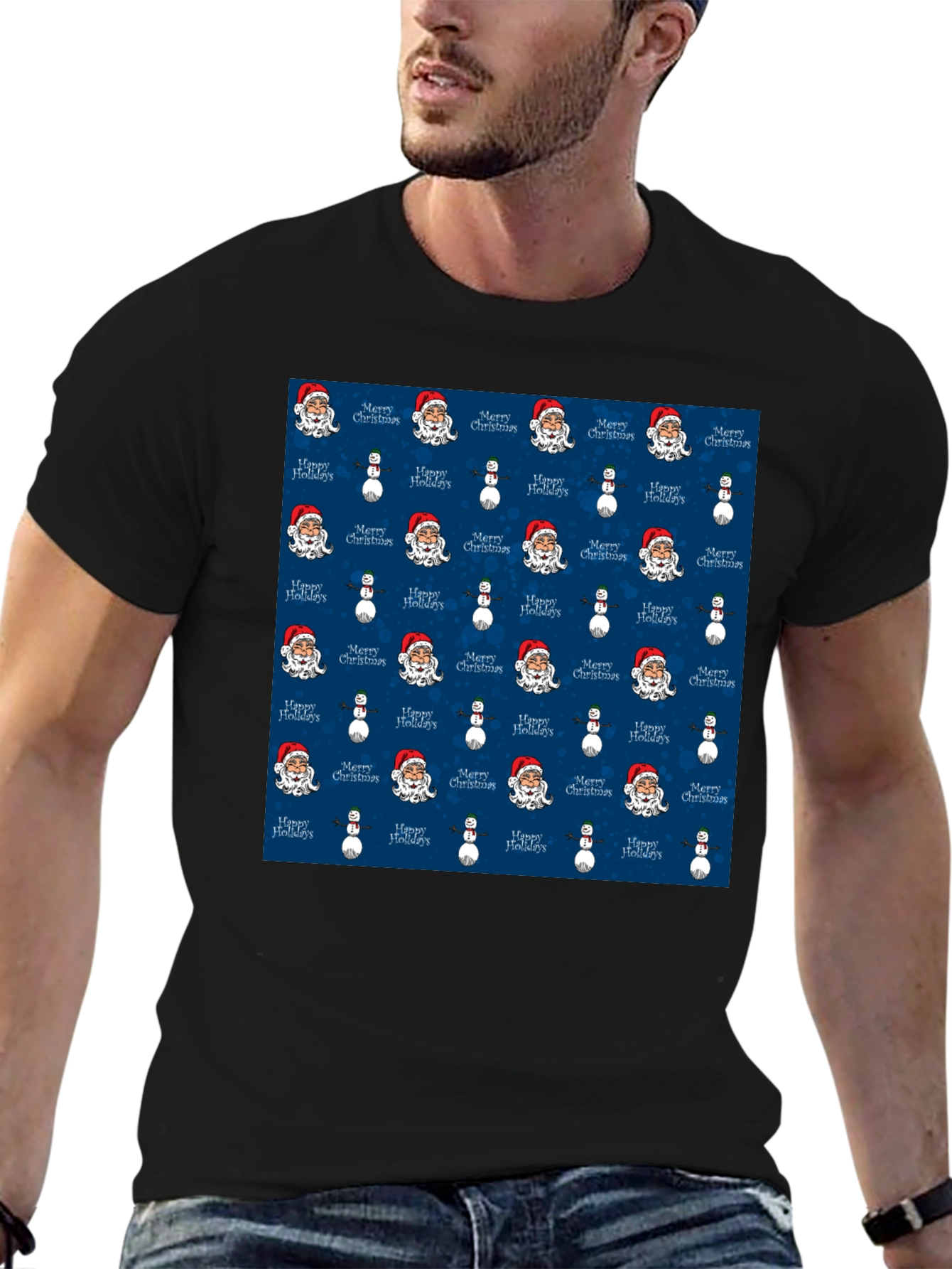 Novelty Christmas Santa & Snowman Print T-Shirt