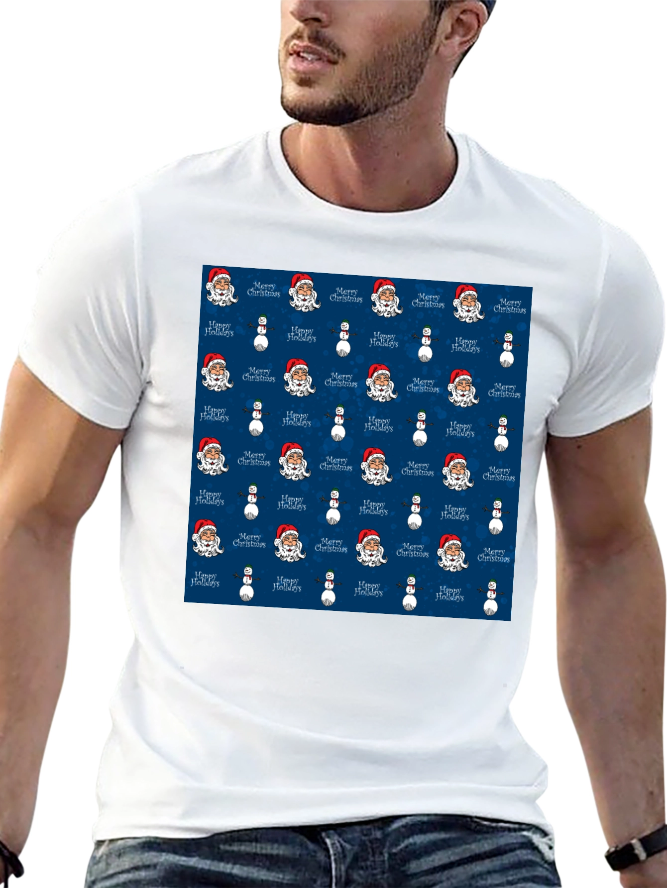 Novelty Christmas Santa & Snowman Print T-Shirt