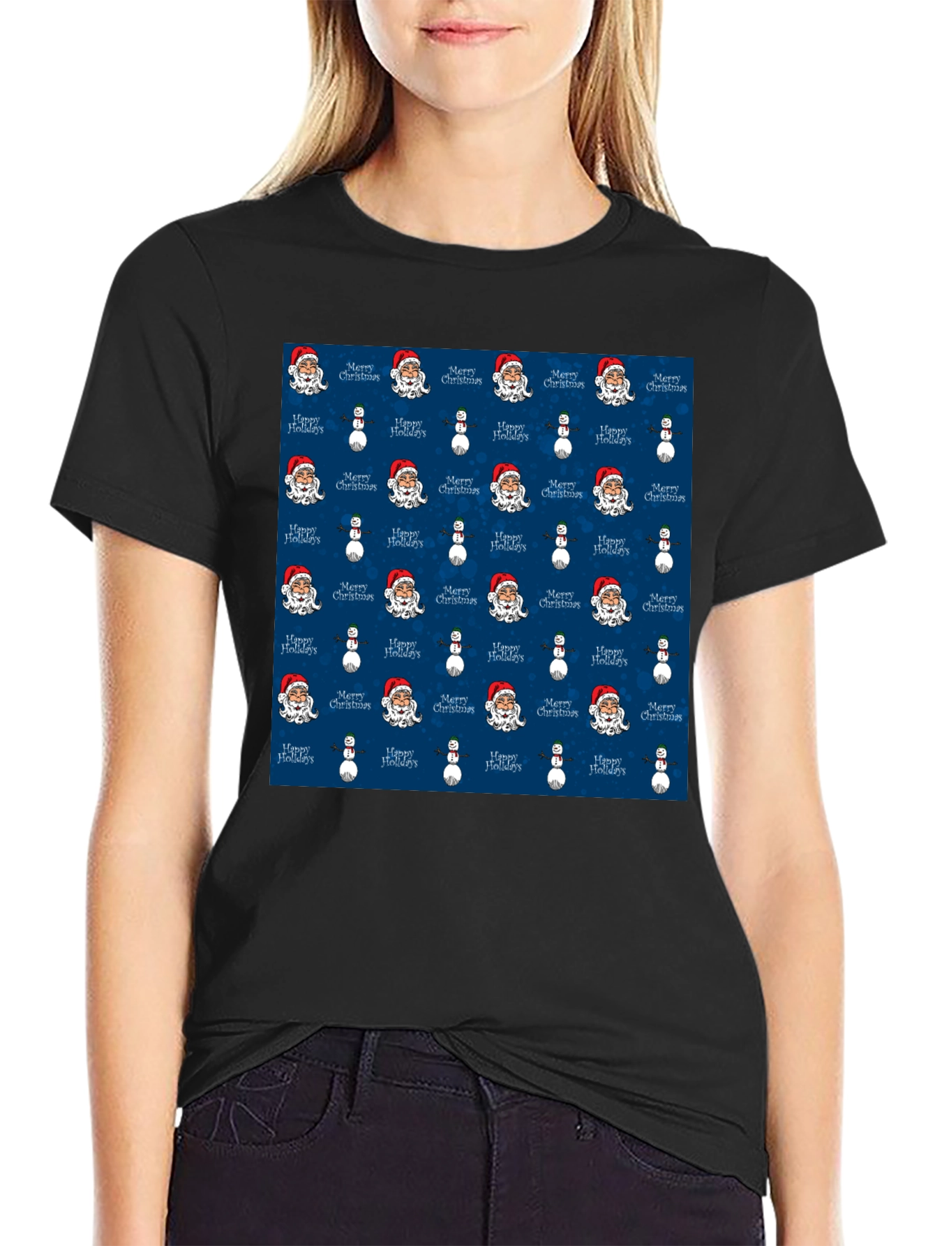 Novelty Christmas Santa & Snowman Print T-Shirt