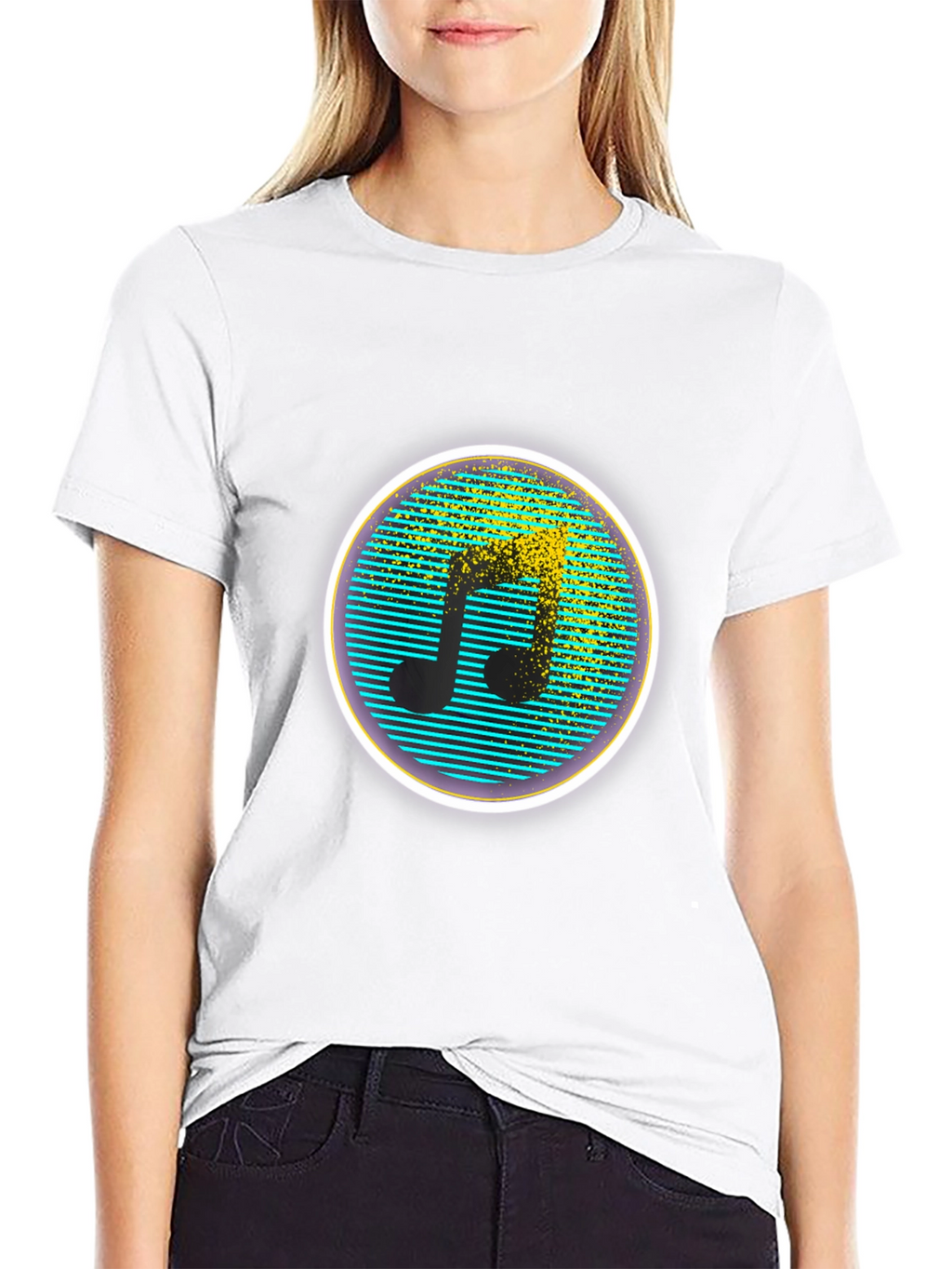 Retro Music Note Graphic Tee - Black Crew Neck