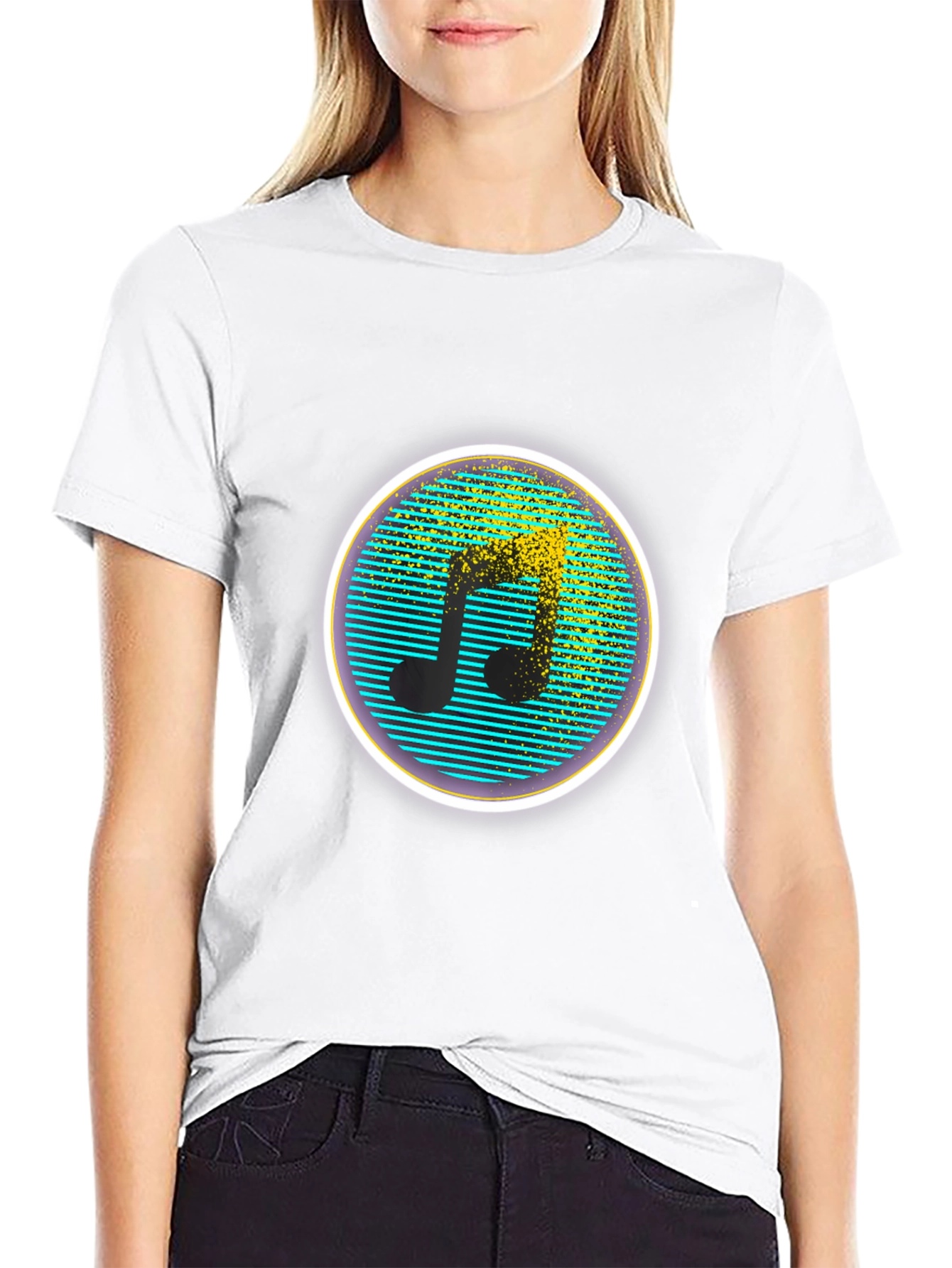 Retro Music Note Graphic Tee - Black Crew Neck