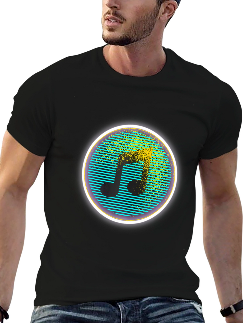 Retro Music Note Graphic Tee - Black Crew Neck