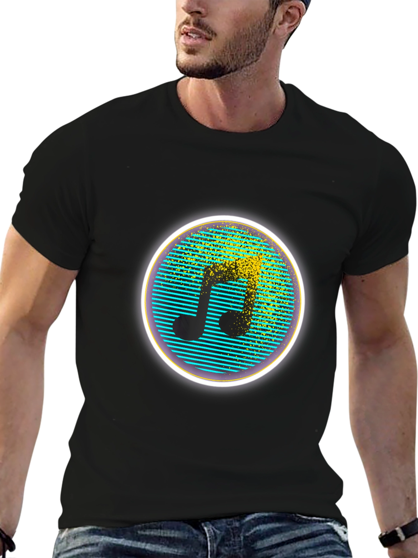 Retro Music Note Graphic Tee - Black Crew Neck