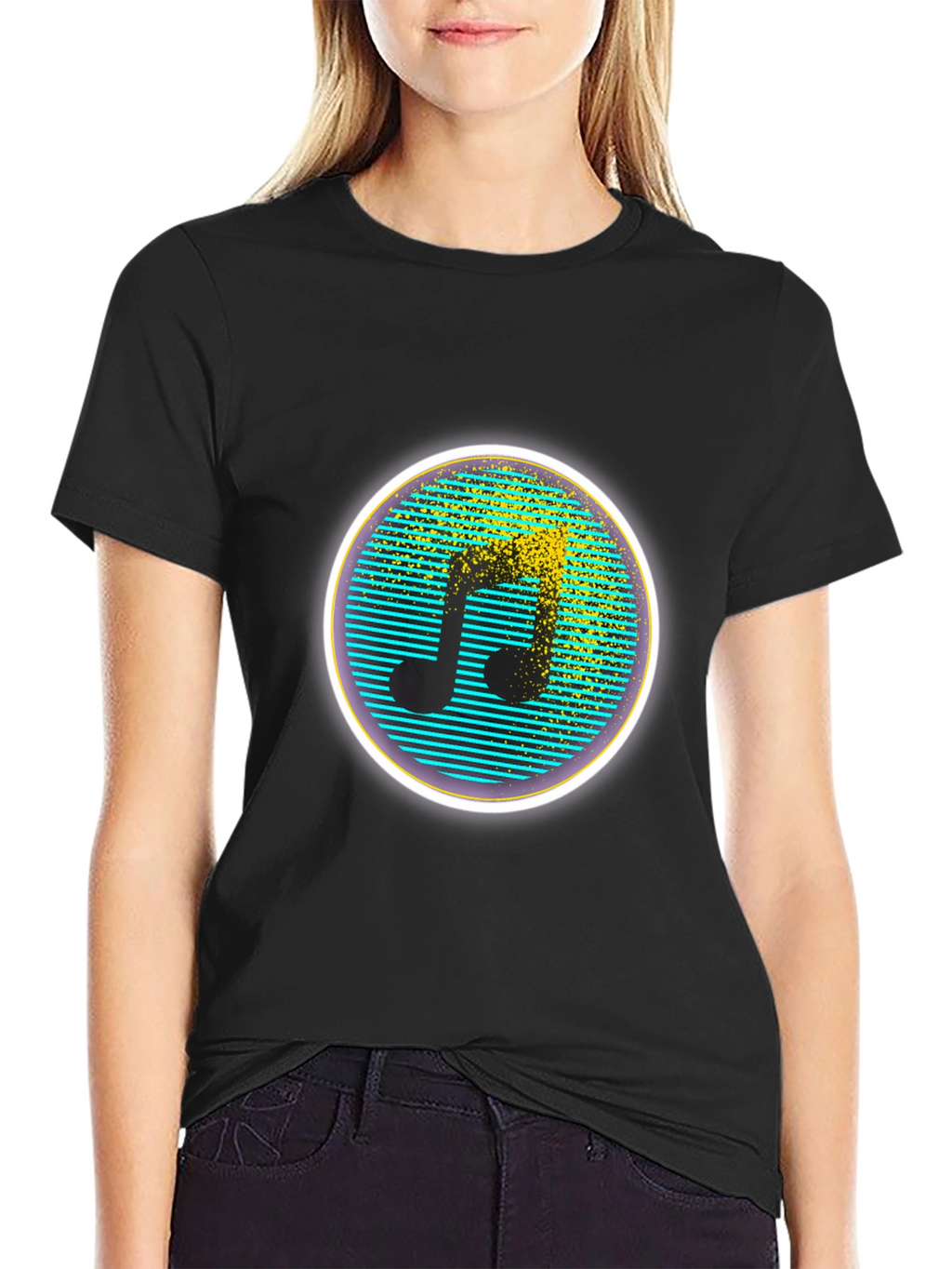 Retro Music Note Graphic Tee - Black Crew Neck