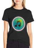 Retro Music Note Graphic Tee - Black Crew Neck