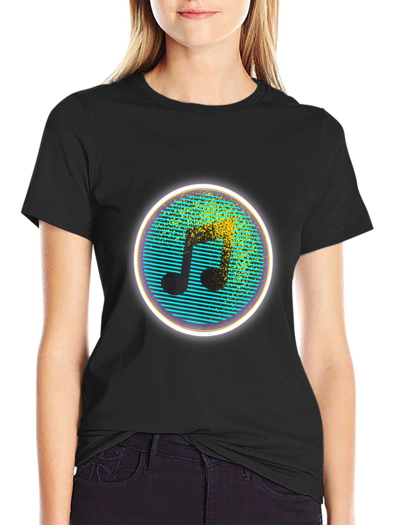 Retro Music Note Graphic Tee - Black Crew Neck