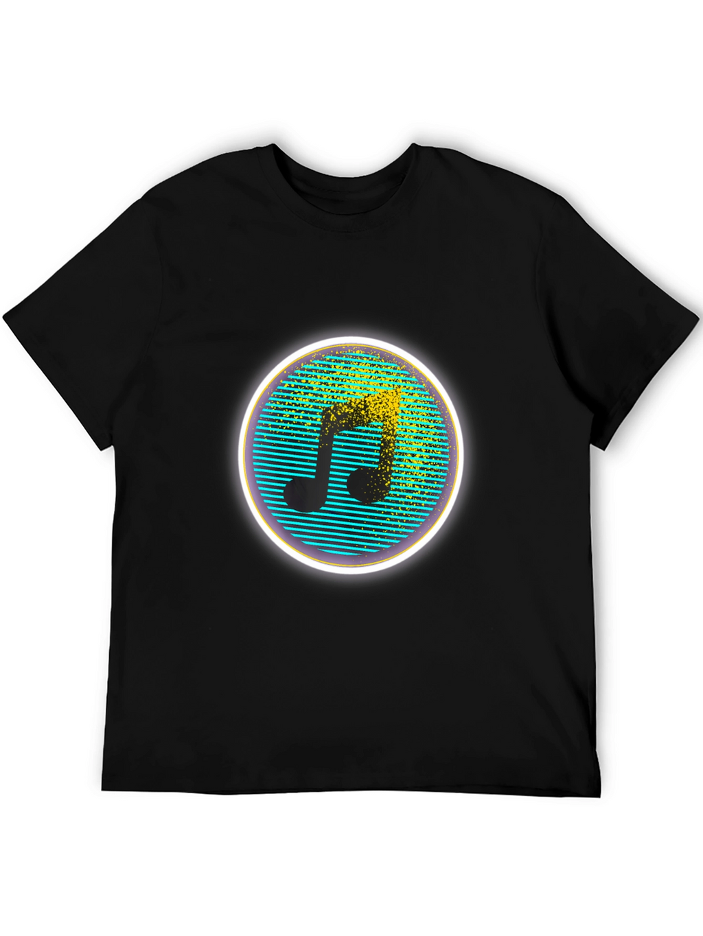 Retro Music Note Graphic Tee - Black Crew Neck