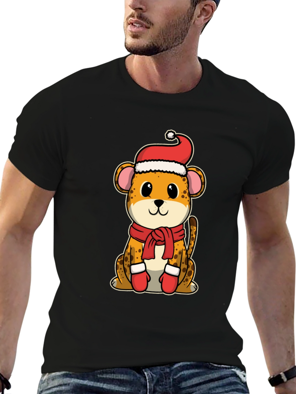 Festive Cheetah Graphic Tee - Holiday Apparel