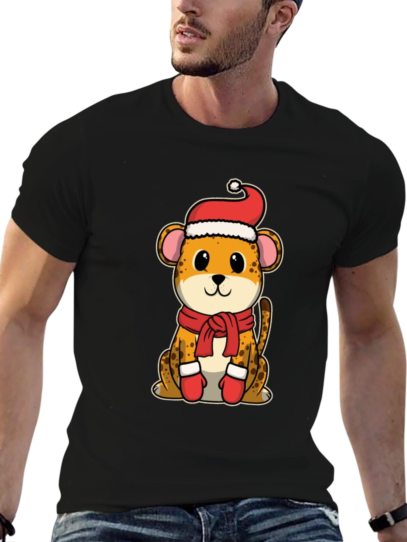 Festive Cheetah Graphic Tee - Holiday Apparel