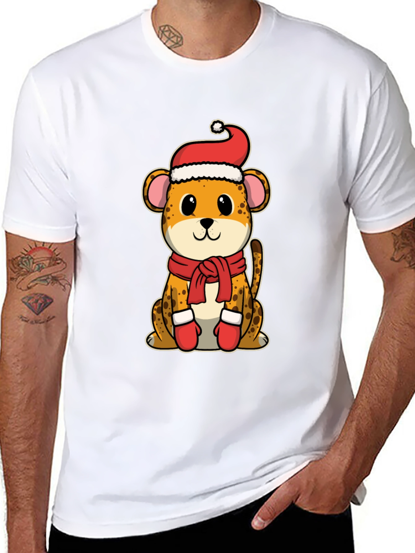Festive Cheetah Graphic Tee - Holiday Apparel