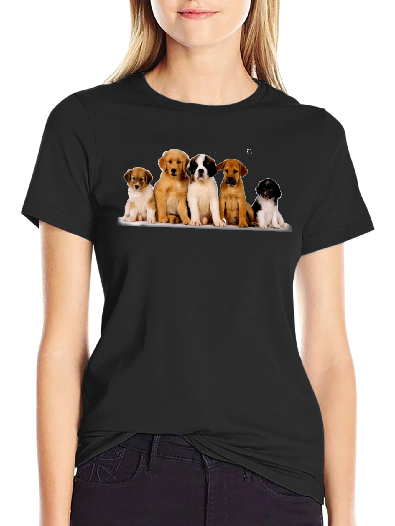 Puppy Pile T-Shirt - Black Cotton Blend