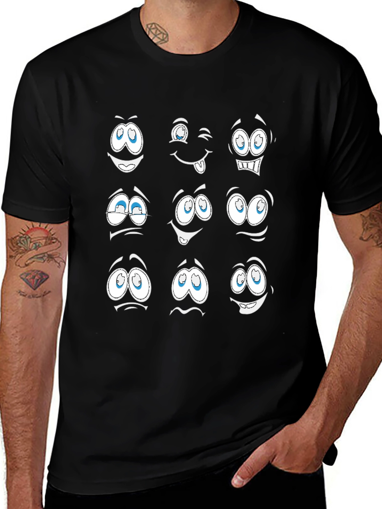 Funny Cartoon Faces Graphic Black T-Shirt