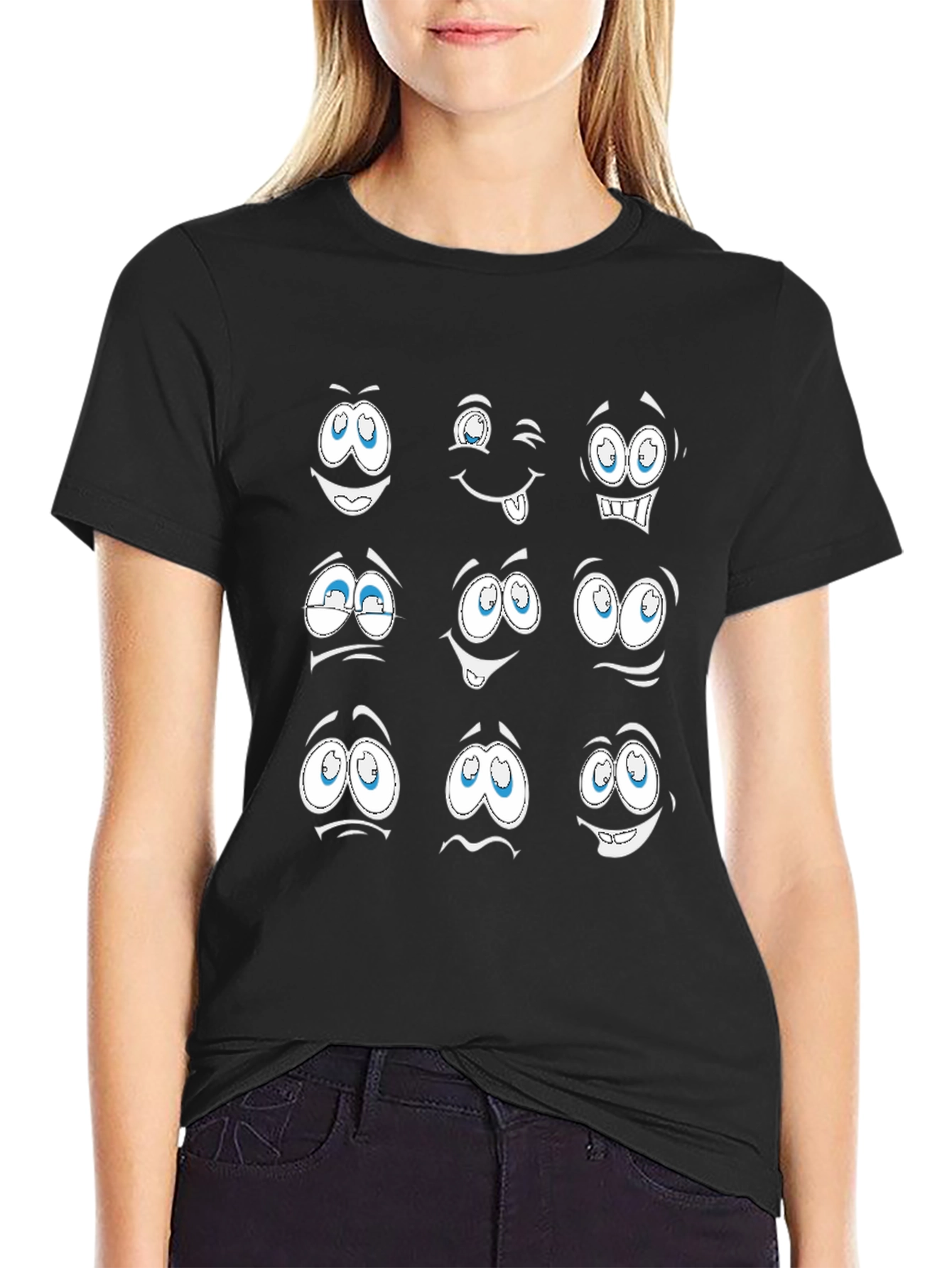 Funny Cartoon Faces Graphic Black T-Shirt