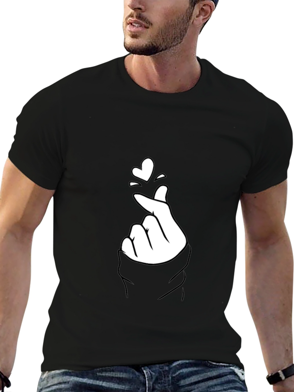 Black Tee with Finger Heart Graphic