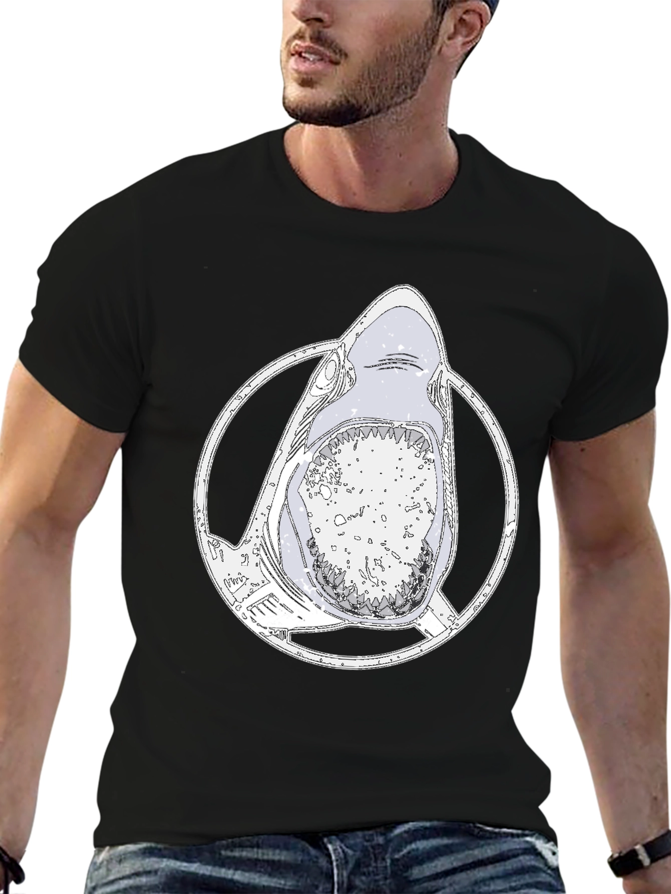 Shark Graphic Tee - Mens Black Cotton T-Shirt