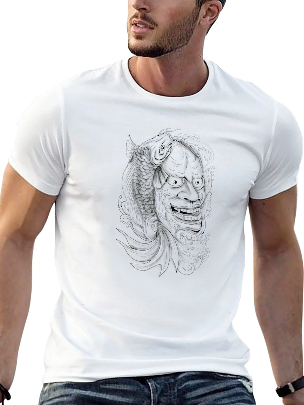 Black Graphic Tee - Hannya Mask and Koi Fish