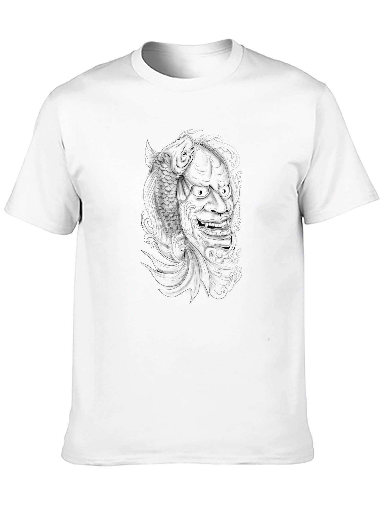 Black Graphic Tee - Hannya Mask and Koi Fish