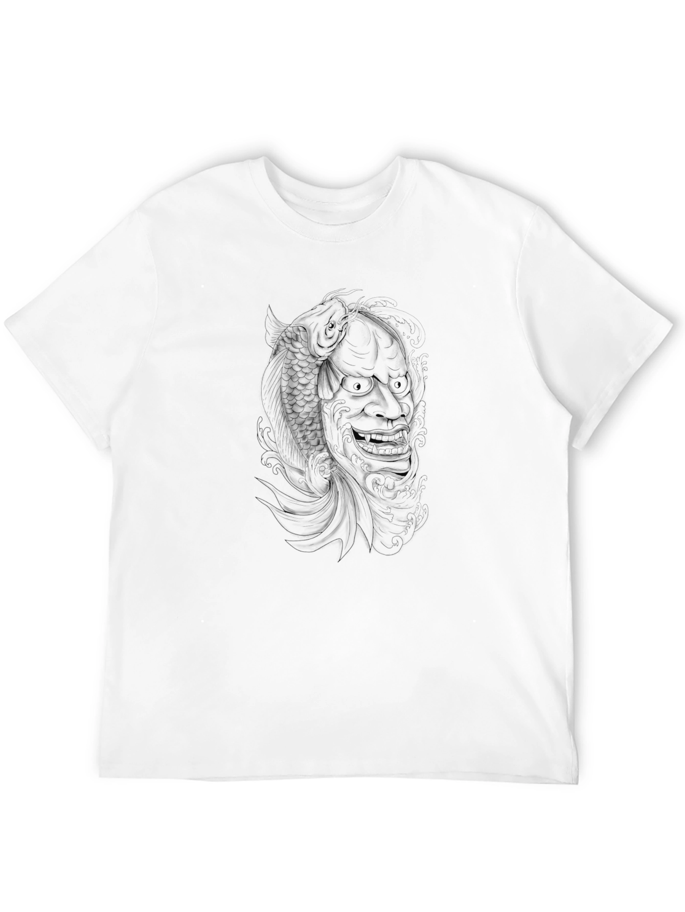 Black Graphic Tee - Hannya Mask and Koi Fish