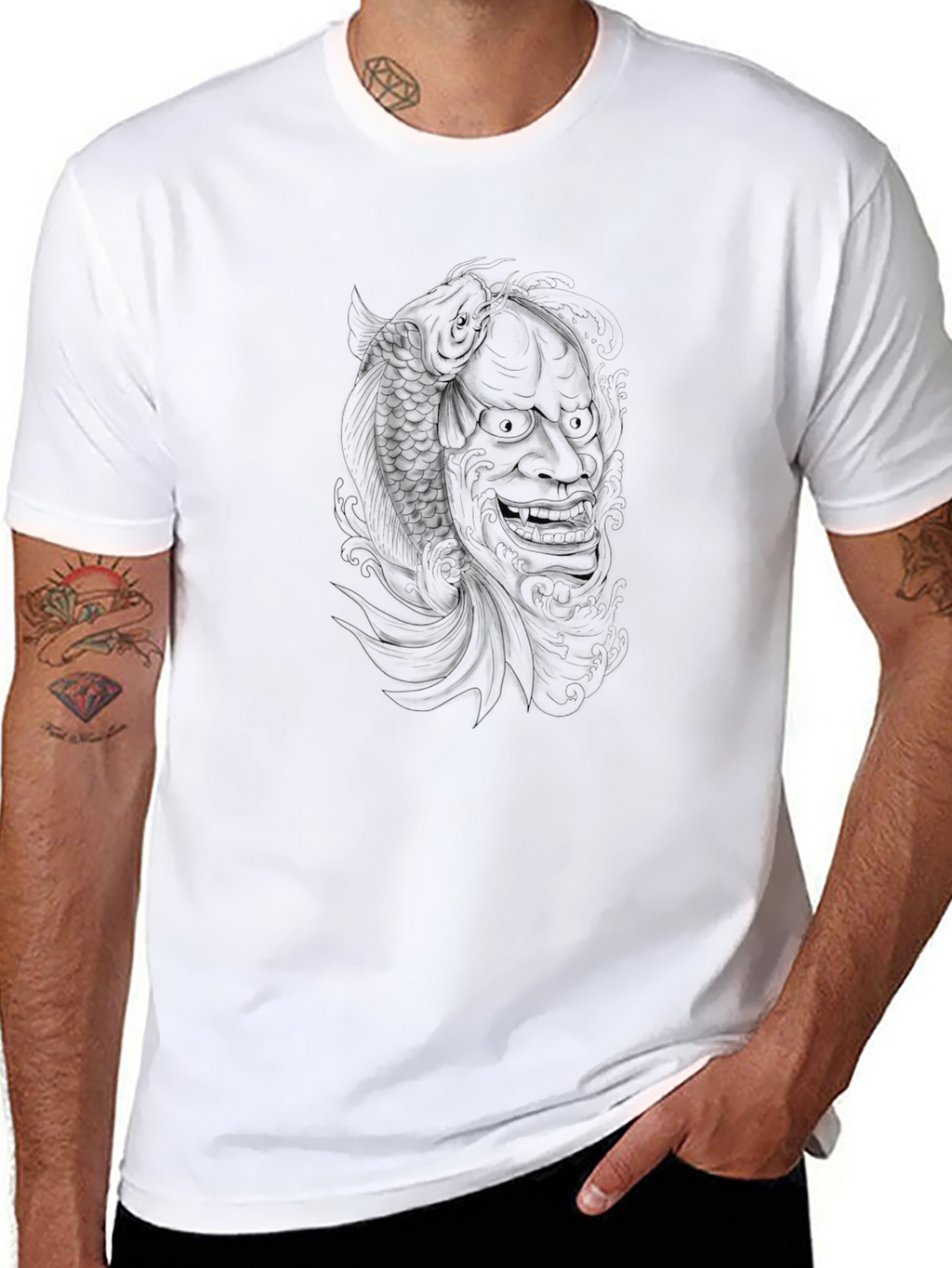 Black Graphic Tee - Hannya Mask and Koi Fish