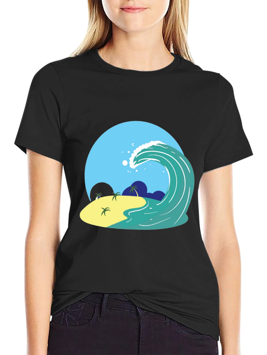 Island Wave Graphic Tee - Black Cotton T-Shirt