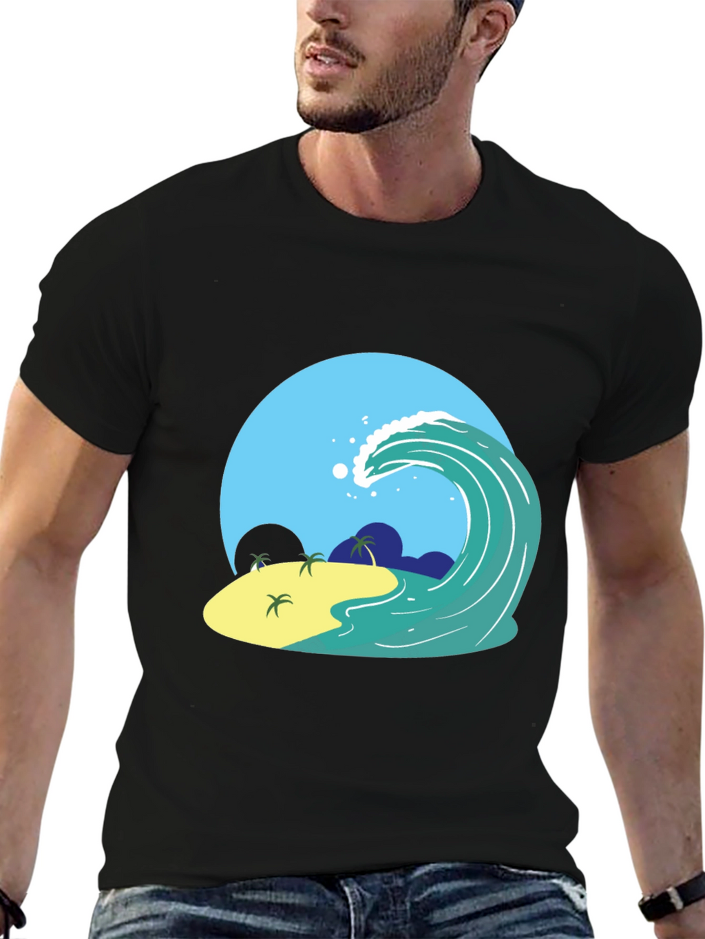 Island Wave Graphic Tee - Black Cotton T-Shirt