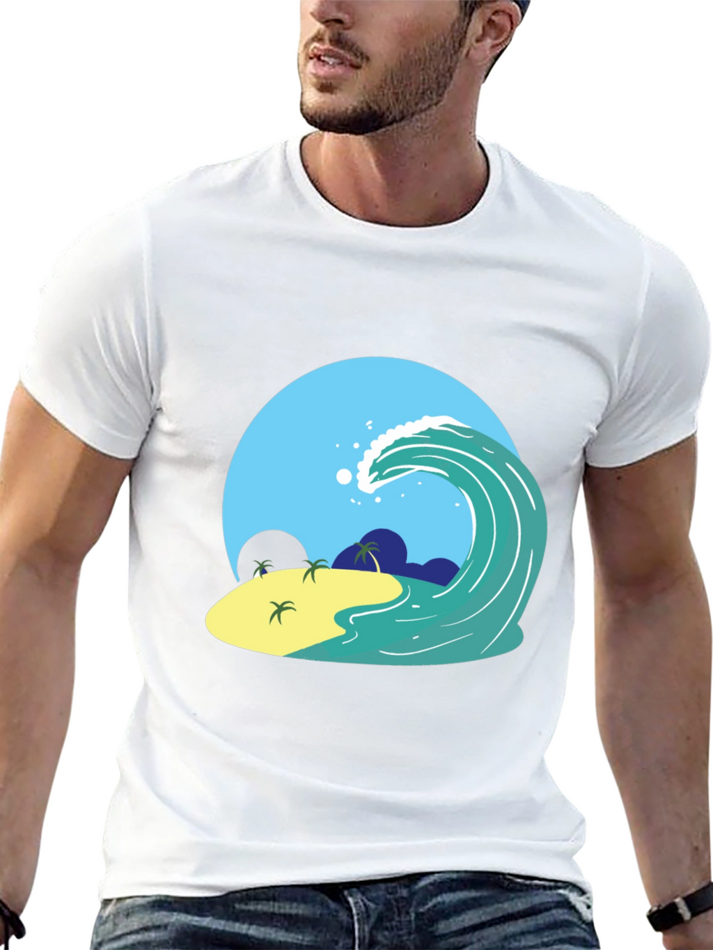 Island Wave Graphic Tee - Black Cotton T-Shirt