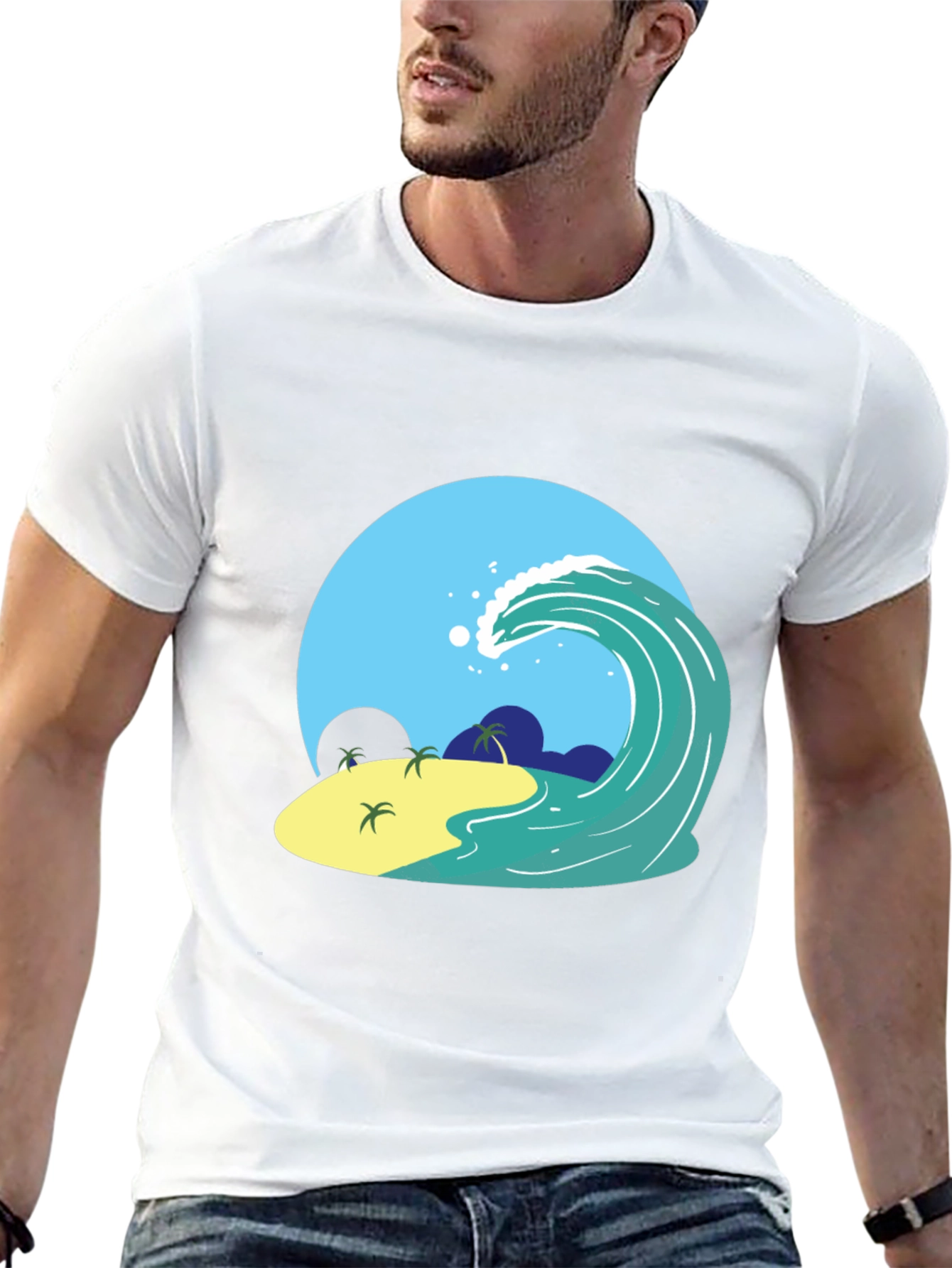 Island Wave Graphic Tee - Black Cotton T-Shirt