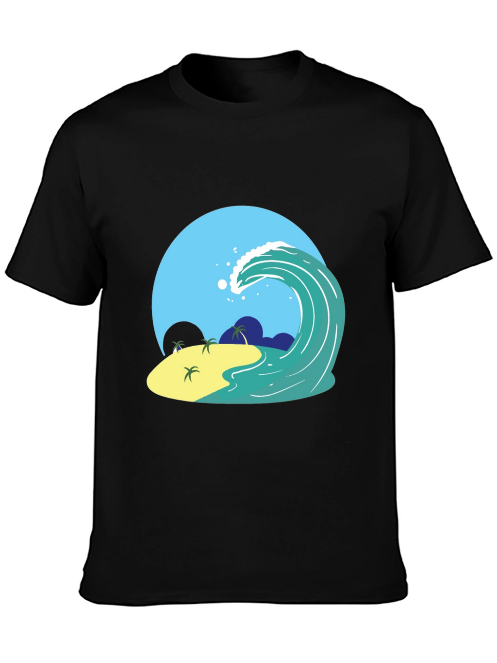 Island Wave Graphic Tee - Black Cotton T-Shirt