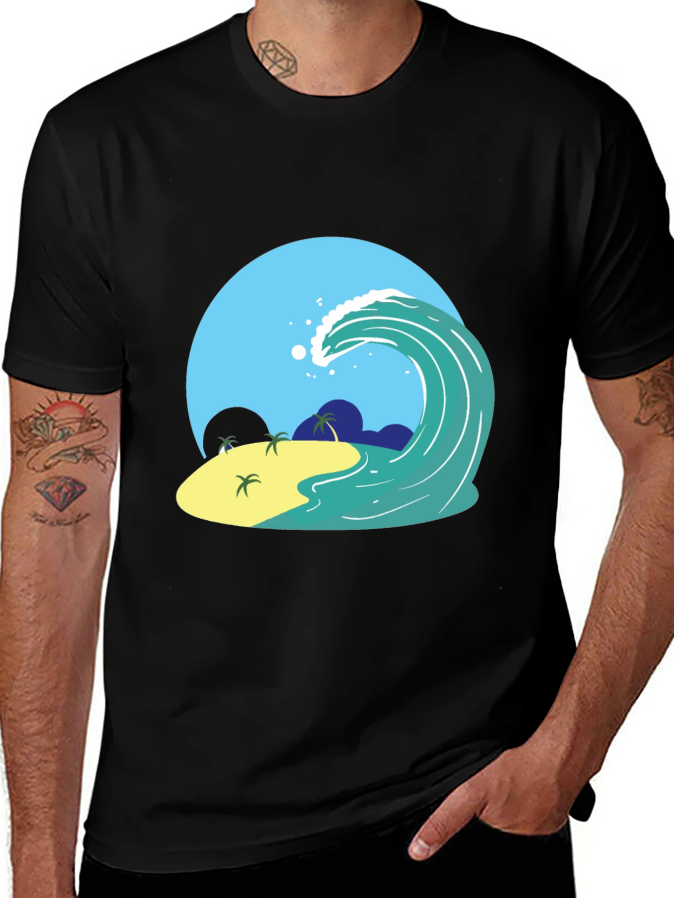 Island Wave Graphic Tee - Black Cotton T-Shirt
