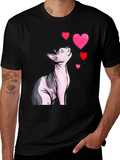 Sphynx Cat & Hearts Graphic T-Shirt - Black