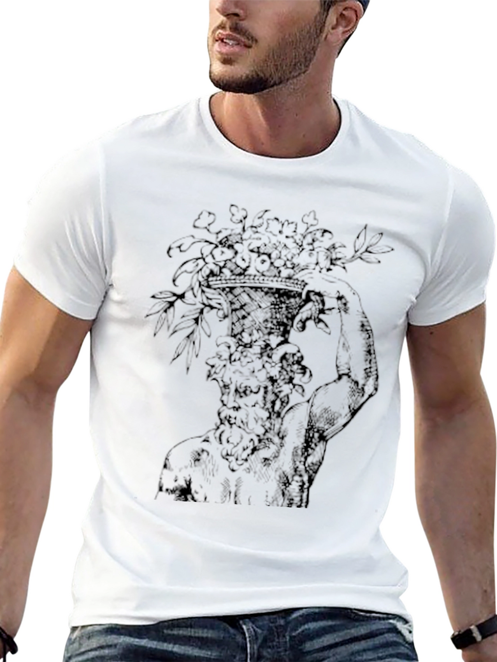 Floral Greek Statue Graphic Tee - Black