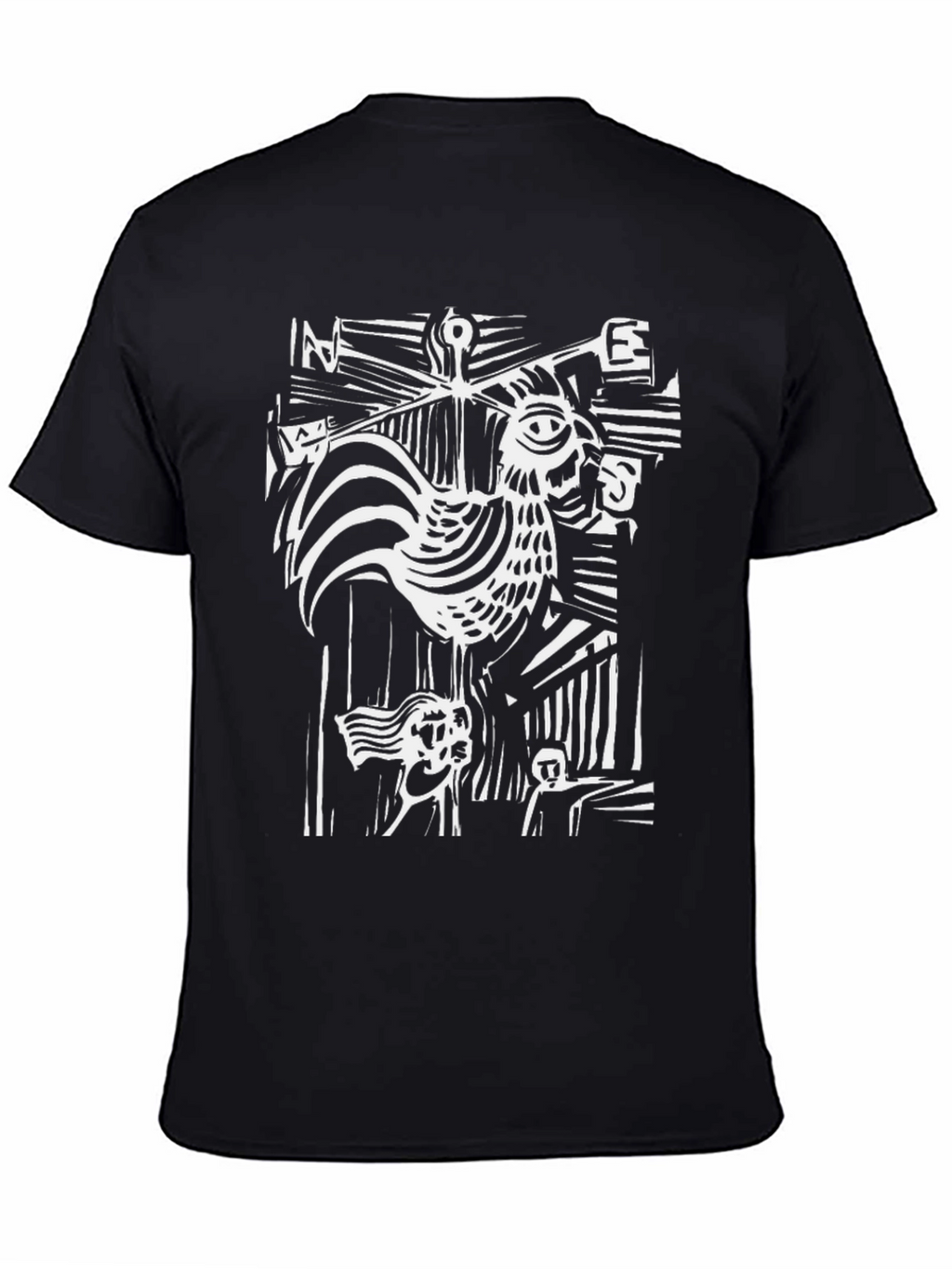 Abstract Rooster Graphic Tee - Black Cotton T-Shirt
