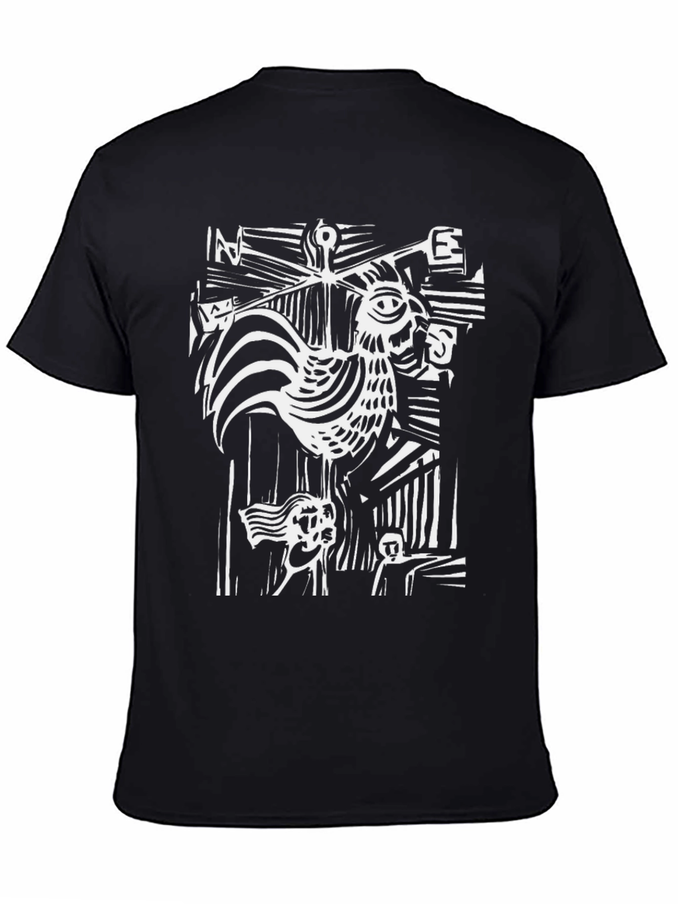 Abstract Rooster Graphic Tee - Black Cotton T-Shirt