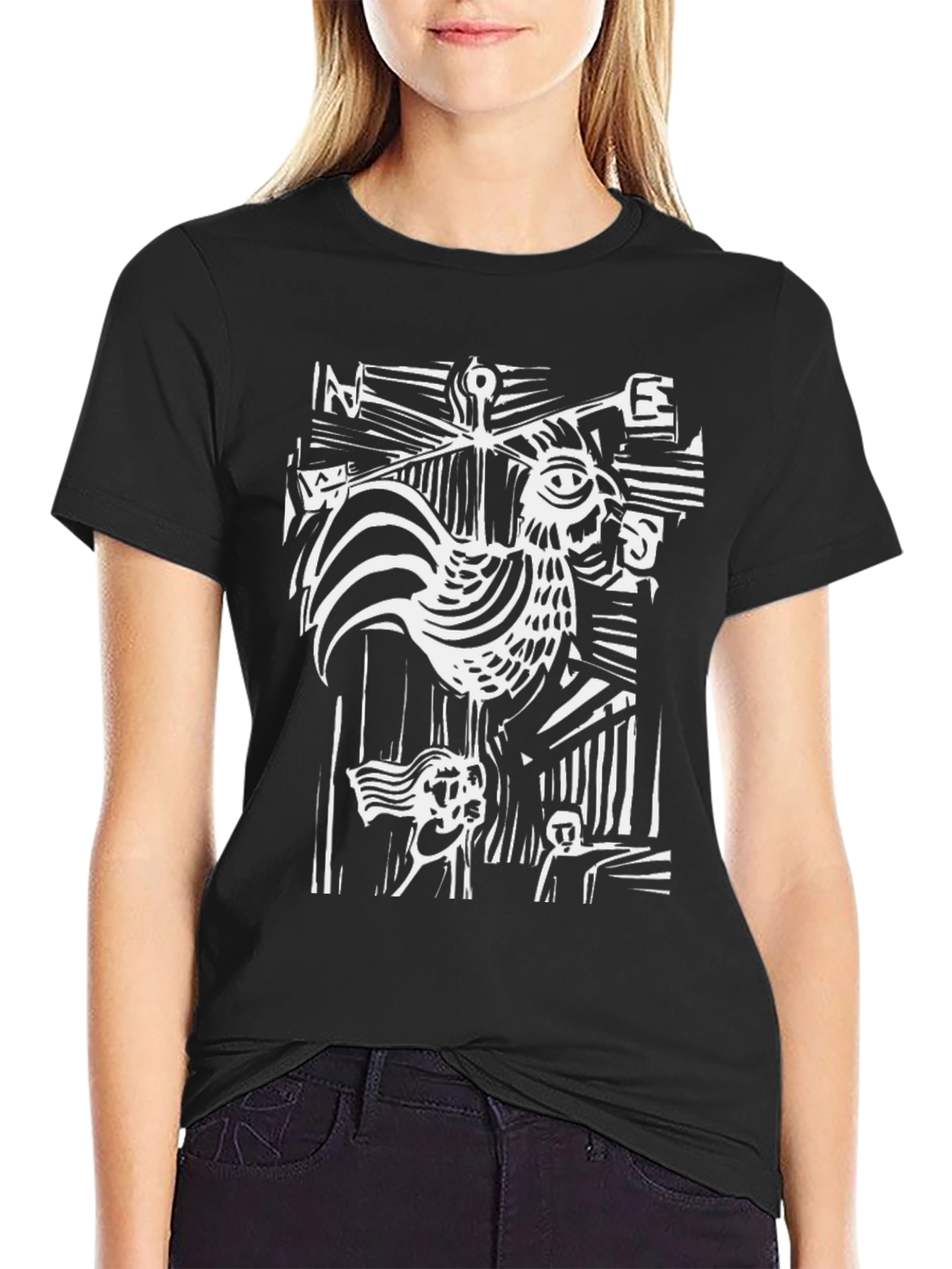 Abstract Rooster Graphic Tee - Black Cotton T-Shirt